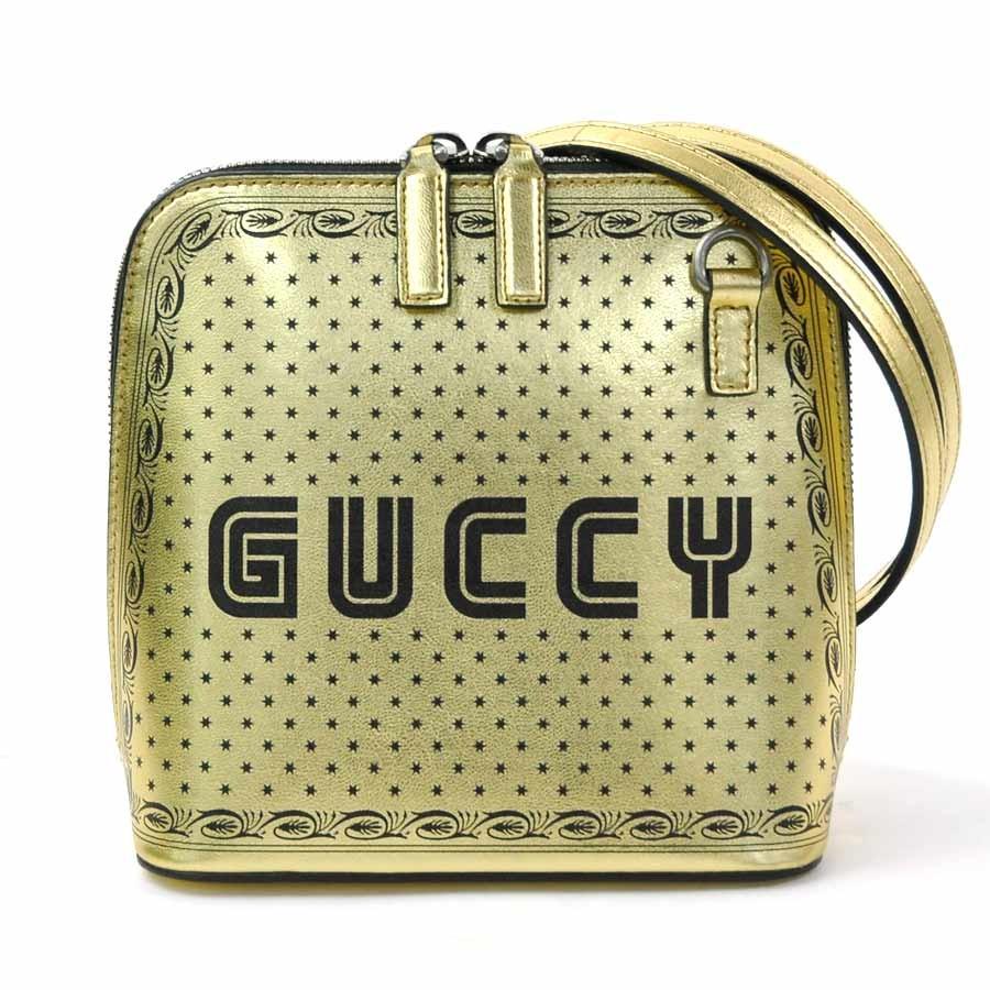 グッチ Gucci 斜め掛けショルダーバッグ ポシェット 18ss ミニ 新品同様 Guccy Sega プリント ミニ プリント ショルダーバッグ 5111 メタリックゴールドxブラック 新品同様 I02 ブランドバリュー