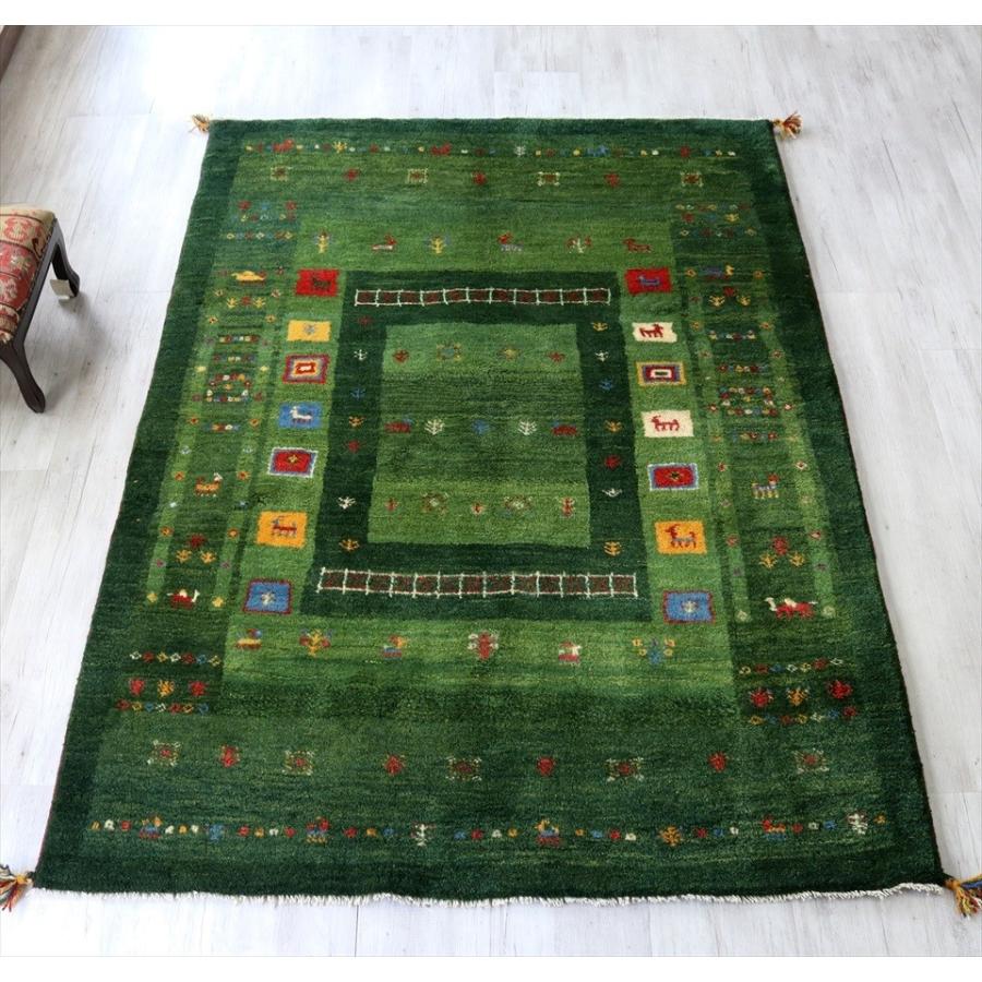 ギャッベ イラン南部カシュカイ族の手織り 毛足の長いふかふかタイプ200x148cm センターラグサイズ グリーン カラフルタイル Gh32861 インプレッションオブギャベ