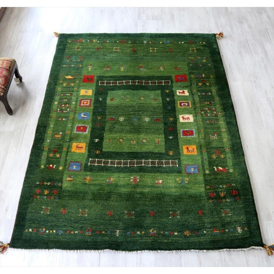 ギャッベ イラン南部カシュカイ族の手織り 毛足の長いふかふかタイプ0x148cm センターラグサイズ グリーン カラフルタイル Gh インプレッションオブギャベ