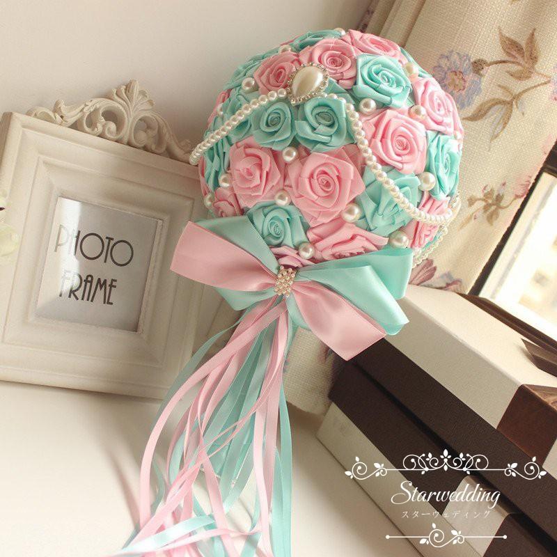 ウエディングブーケ 造花 サテン 造花 ブーケ 安い 結婚式 安い ウェデイングブーケ手作り花嫁 ブライダルブーケ パール パール Ph022 Starwedding