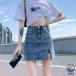  Denim юбка колени длина лето A линия юбка Denim материалы короткий маленький видно юбка колени длина высокий талия a линия прекрасный ножек ножек длина body type покрытие простой модный 