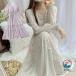  шифон One-piece цветочный принт One-piece длинный рукав flair One-piece v шея flair ретро атмосфера. цветочный принт One-piece длинный One-piece maxi женский женщина колени внизу длина 