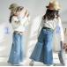 韓国系子供服 ストレッチ デニム ガウチョ ワイド パンツ カットオフ おしゃれ キッズ 女の子 2019 春 韓国系ファッション レースの帯飾り付き
