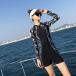  lady's swimsuit all-in-one one body fitness long sleeve fastener surfing wet suit stripe pattern short trousers school student casual 
