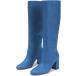 FSJ Women Chic Knee High Boots Stretch Pull On Round Closed Toe Long Booties Chunky Block Heels Leather Ladies Dress Party Fall Winter Shoes Size 1