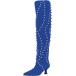 FSJ Women Trendy Pointed Toe Studded Knee High Boots Pull On Low Kitten Heel Ladies Winter Prom Party Date Shoes Size 10.5 Blue2¹͢