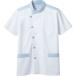 住商モンブランの調理衣、男女兼用半袖、ホワイト×ブルー、スタンドカラータイプ、サイドボタンタイプ_OCAHOL_住商モンブランの調理衣、抗菌機能を付与した男女兼用半袖、さわやかな着心地の生地を使用、スタンドカラーのカラーイングがポイント_O...