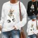  симпатичный 3D кошка футболка женский длинный рукав с изнанки флис мельчайший ворсистый осень-зима .. чёрный белый вырез лодочкой поверхность белый интересный животное модный 