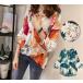 シフォンブラウス レディース 半袖 Vネック レース 花柄プリント トップス ブラウス シャツ プルオーバー ミディアム　２色