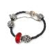  хлеб гонг Pandora браслет красный камень × чёрный кожа 17.6g 13.5cm [ б/у ](51604)