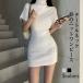  вязаный One-piece One-piece весна лето с высоким воротником тугой One-piece мини длина женский ребра материалы .. стрейч корпус темно синий платье короткий рукав внутренний женщина платье надеты .