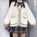  school кардиган свитер вязаный бежевый женский женщина вязаный свитер cut and sewn стрейч V шея V свитер девочка ученик старшей школы входить . тип посещение школы 