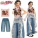  hip-hop танцевальный костюм девочка повреждение Denim брюки Kids Dance Street розовый .... плечо .. бак безрукавка симпатичный 