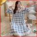  negligee long sleeve lady's check pattern linen race pyjamas One-piece front opening autumn clothes long height easy stylish soft large comfortable 