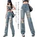  повреждение Denim брюки широкий брюки женский распорка bo повреждение Denim Vintage высокий ue strong джинсы большой размер ji