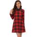 uxcell Allegra K flair One-piece круг воротник кошка рисунок Mini платье длинный рукав короткий свободно симпатичный женский в клетку красный XS