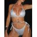  женский купальный костюм бикини комплект 2 листов одноцветный металлик цепь -тактный кольцо бикини с треугольными чашками верх с высоким воротником, гонки выше шорты имеется,sek