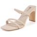 IDIFU Nude Strappy Heels High Chunky Block Heels Square Toe Three Strap Sli