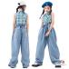  танцевальный костюм рубашка в клетку Denim брюки Kids танцевальный костюм выставить ребенок одежда k-pop девочка hip-hop Kids танцевальный костюм tops без рукавов джинсы 