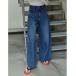  джинсы Denim Denim брюки [ низкий рост / высота рост размер иметь ] боковой бахрома переключатель asimeto Lee широкий Denim брюки женский 