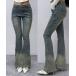 джинсы Denim Denim брюки [ низкий рост предназначенный ] заклепки линия kya The - дизайн flair Denim брюки женский мужской 