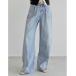  джинсы Denim Denim брюки [ низкий рост / высота рост размер иметь ] талия с обратной почтой бахрома tuck широкий Denim брюки женский 