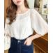  shirt blouse lady's inner Cami attaching sia- pleat short sleeves mellow blouse 