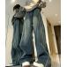  джинсы Denim Denim брюки [CANVAS+] распределение цвета линия стежок Denim брюки женский 