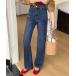  джинсы Denim Denim брюки [ большой размер иметь / маленький видно линия / прекрасный ножек чуть более style ] маленький видно центральный si-m распорка Denim брюки женский женский 