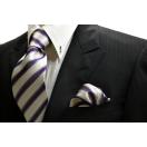 織柄の白地に紫とグレーのストライプネクタイ＆チーフセット(チーフ23cm) / 結婚式・披露宴・フォーマル・礼装/CSN-W13033 
