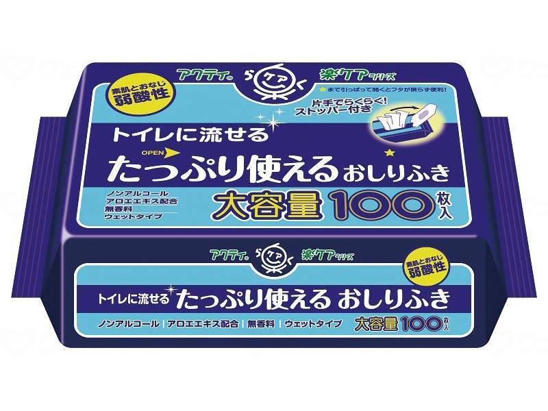 日本製紙クレシア アクティ トイレに流せる たっぷり使えるおしりふき 100枚×24個入/日用品/HKの商品画像