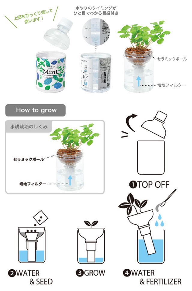 期間限定セール ペットボトル型 レモンバーム ワイルドストロベリー 底面給水栽培キット バジル ミント 育てるグリーンペット 選べる6種類