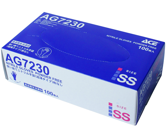 小野商事 エース ニトリル手袋 超薄タイプ 粉なし 100枚入 ブルー AG7230 SSサイズの商品画像