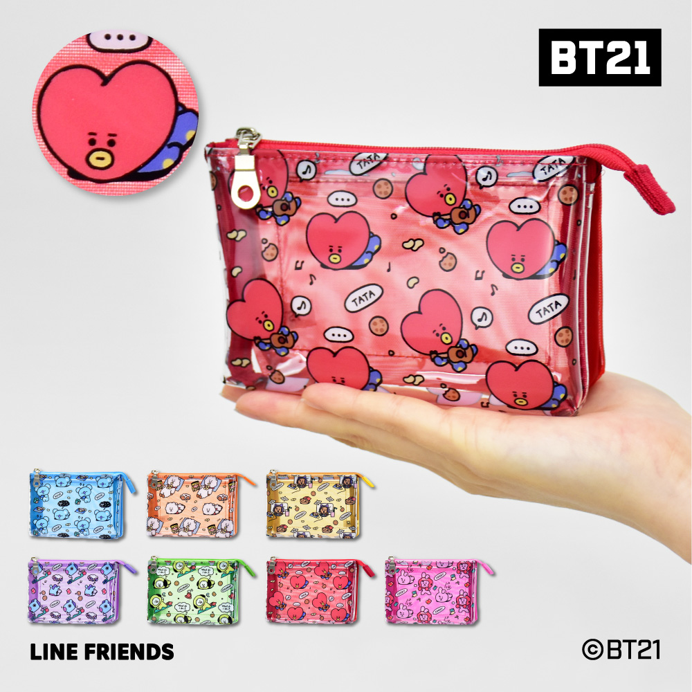 BT21 official license commodity goods make-up pouch 2 room clear case pouch 3 pocket lady's woman commuting going to school travel adult student child lovely character 