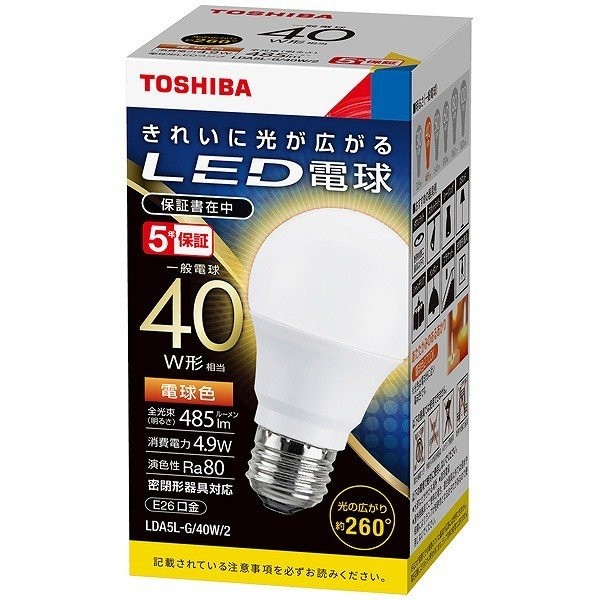 TOSHIBA LED電球 一般電球形 LDA5L-G/40W/2 （電球色） 東芝ライテック LED電球、LED蛍光灯の商品画像