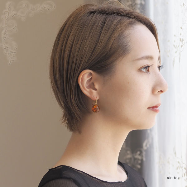 天然琥珀 ブラウンオーバルゴールドピアス イヤリング こはく 天然石
