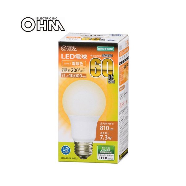 OHM LED電球 LDA7L-G AG53 （電球色） ×1個 LED電球、LED蛍光灯の商品画像