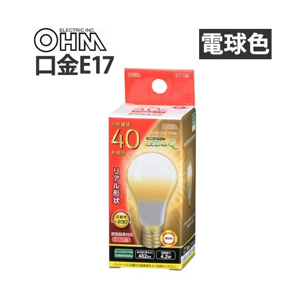OHM LED電球 LDA4L-G-E17 IH92 （電球色） ×1個 LED電球、LED蛍光灯の商品画像