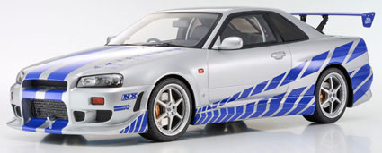 京商 日産 スカイライン R34 GT-R 2001 （シルバー×ブルーストライプ