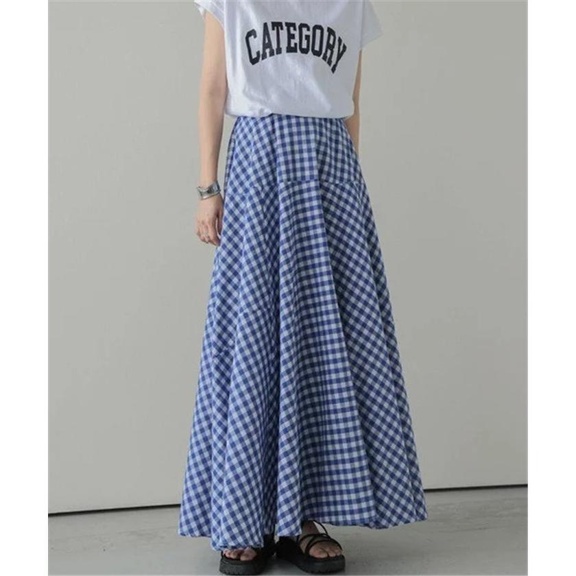  skirt long height flair silver chewing gum check pattern bottoms lady's casual on goods long season adult bottoms casual stylish body type cover 