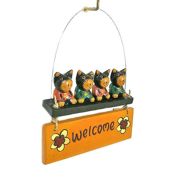 Welcome plate welcome board cat 4 pcs [H.25cm].. stylish pretty Asian burr Thai Bali miscellaneous goods entranceway store equipment ornament interior 