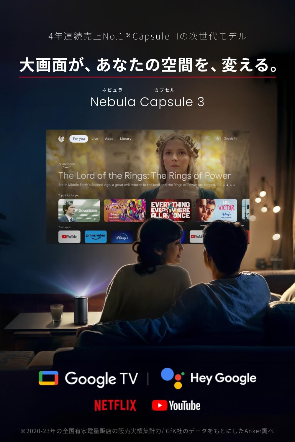 Anker Nebula (nebyula) Capsule 3 мобильный проектор Google TV полный HD 200ANSI люмен максимальный 120 дюймовый 8W динамик Focus регулировка якорь nebyula