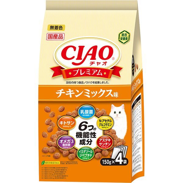 いなばペットフード CIAO プレミアム かつお節入り チキンミックス味 600g（150g×4袋）×1個 CIAO（いなばペットフード） 猫用ドライフードの商品画像