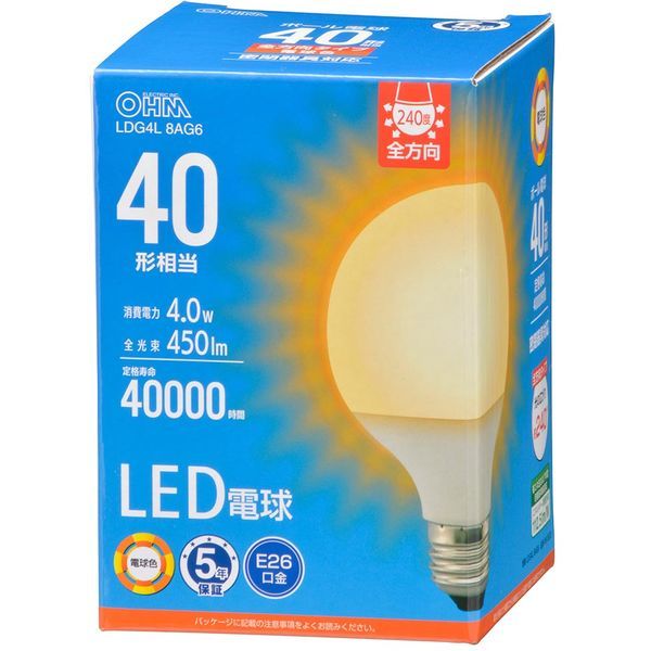 OHM LED電球 ボール電球形 LDG4L 8AG6 （電球色） ×1個 LED電球、LED蛍光灯の商品画像