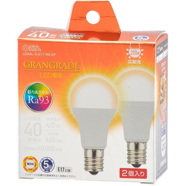 OHM 【2個】 LED電球 LDA4L-G-E17 RA 2P （電球色） ×1セット LED電球、LED蛍光灯の商品画像