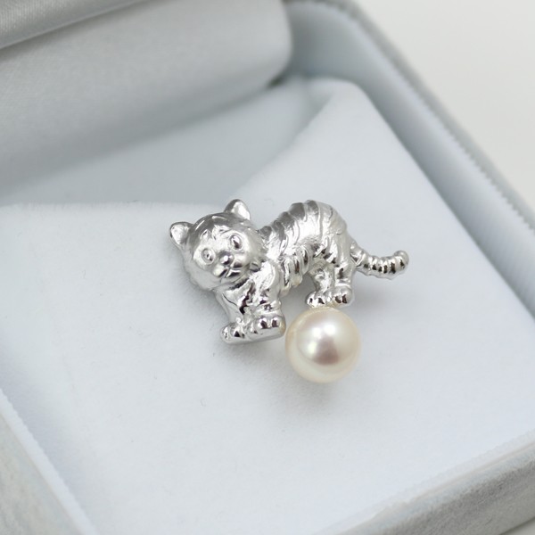 真珠 タイピン パール ブローチ あこや真珠 7mm-7.5mm ホワイトカラー タイピン アコヤ真珠 動物シリーズ トラ 14509