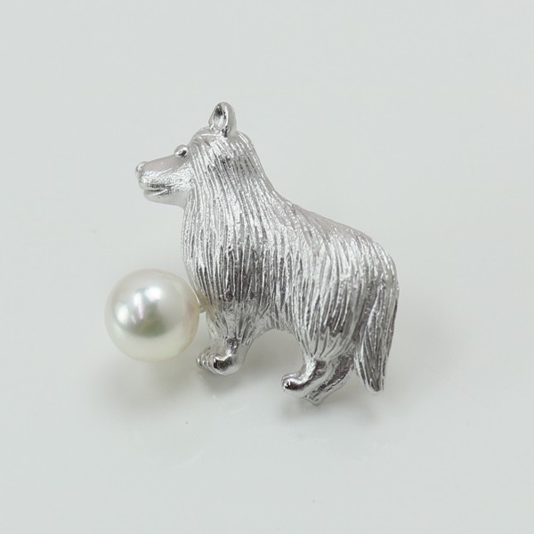 真珠 パール ブローチ あこや真珠 パール ブローチ タイピン アコヤ本真珠 7mm-7.5mm デザイン ホワイトカラー 動物シリーズ コリー 15197
