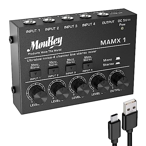 Moukey audio mixer 4 channel usb DC 5V super low noise sub mixing for line mixer small size Mini audio mixer Club / bar / Mike / guitar / base /