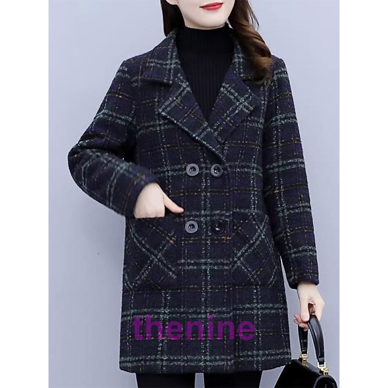  coat pea coat pea coat lady's woman outer outer garment front opening long sleeve middle height button front pocket check pattern stylish adult woman te-