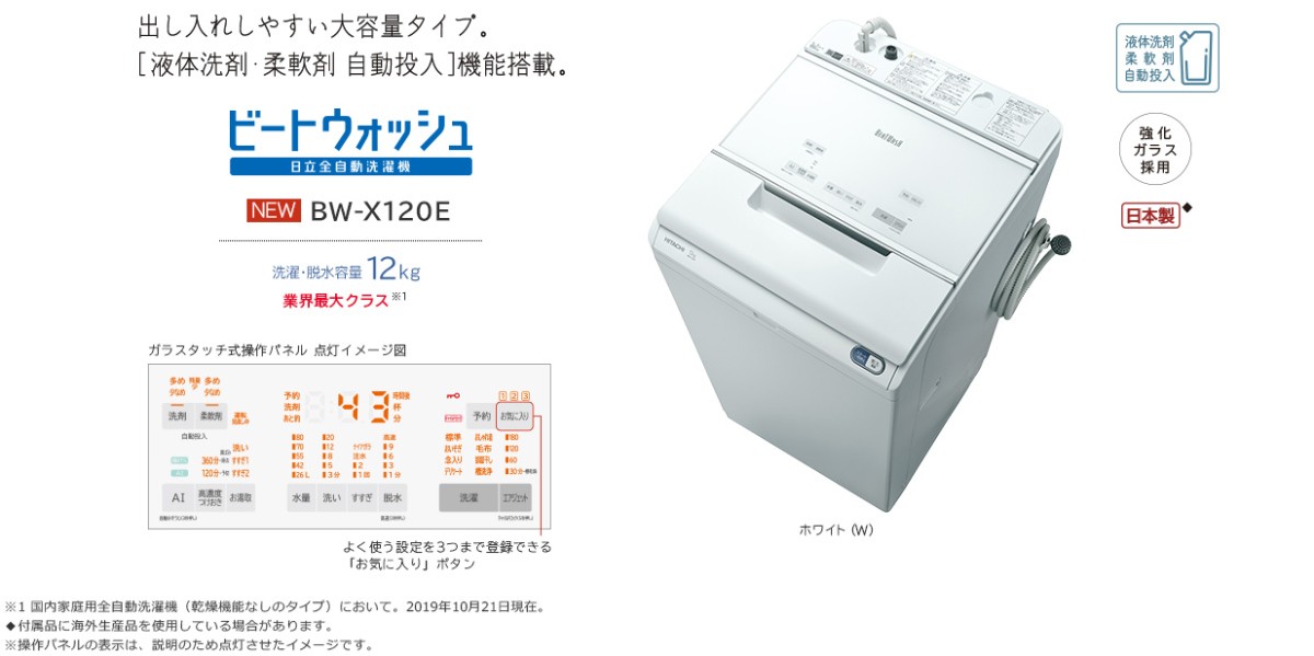 日立 ビートウォッシュ 全自動洗濯機 BW-X120E（W） （ホワイト